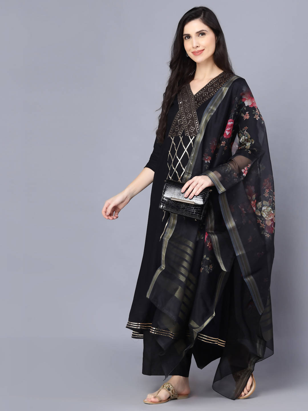Myshka Women Black Printed Kurta with Dupatta - Distacart