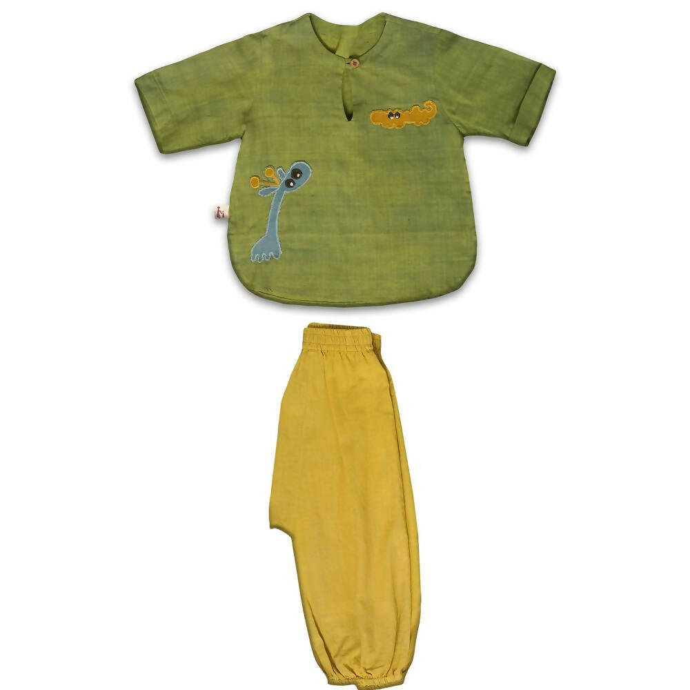 Mhyssa Tick Tock Round Neck Half Sleeve Green T-shirt With Full Length Yellow Pant Set For Kids - Distacart