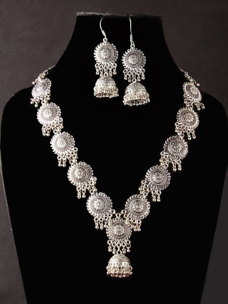 Mominos Fashion Johar Kamal Oxidised Silver Long Necklace Set