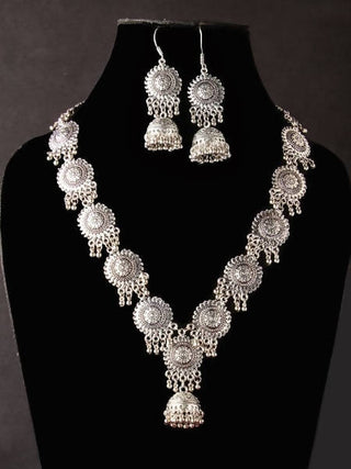 Mominos Fashion Johar Kamal Oxidised Silver Long Necklace Set