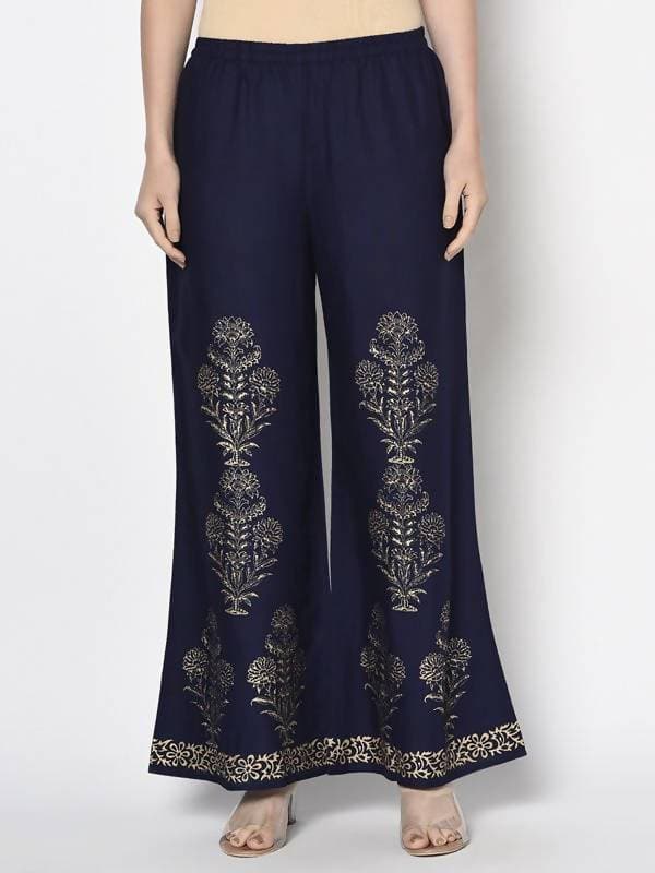 Aniyah Rayon Navy Blue Color Gold Print Flared Slip-On Palazzo (AN-193K)