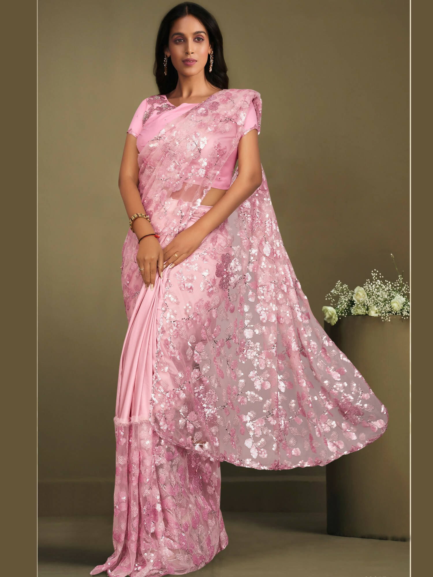 Pink Crepe Lycra Sequence Embroidered Saree With Stitched Blouse - Mohmanthan La Belle - Distacart