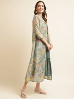 Thumbnail for Green Cotton Solid Flared Dress with Printed Shrug - Yukti - Distacart