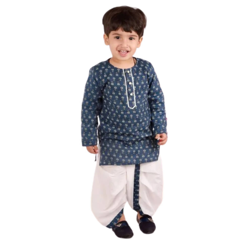 Little Bansi Indigo and White Cplor Bengali Kantha work floral kurta with Dhoti