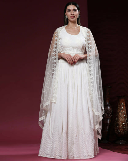 White Pure Viscose Georgette Sequence Embroidery work Lehenga Choli with Dupatta - Aakriti - Distacart