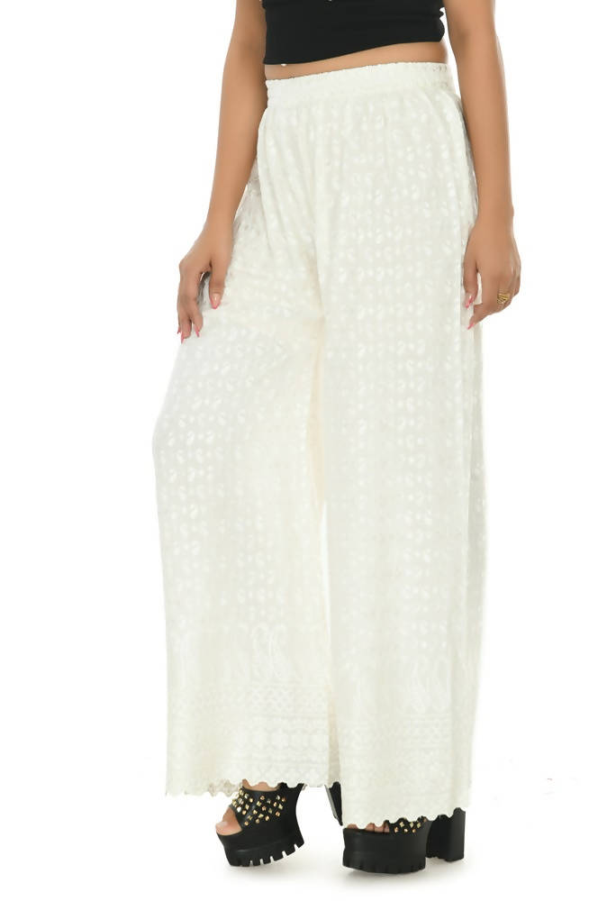Mominos Fashion Moeza Reyon Cotton Off White Color Chikan Work Palazzo
