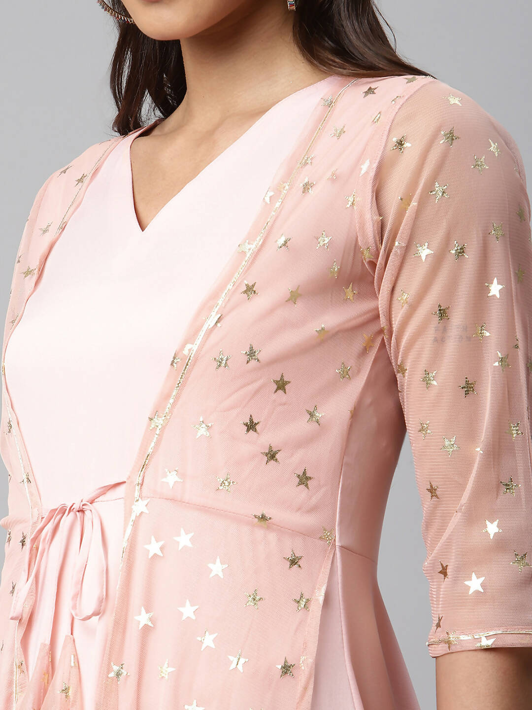 Ahalyaa Women Pink Crepe & Net Foil Print Dress - Distacart