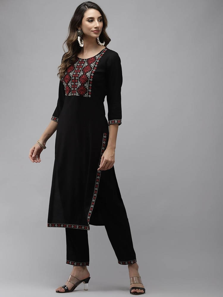 Yufta Women Black Yoke Design Thread Work Kurta with Trouser