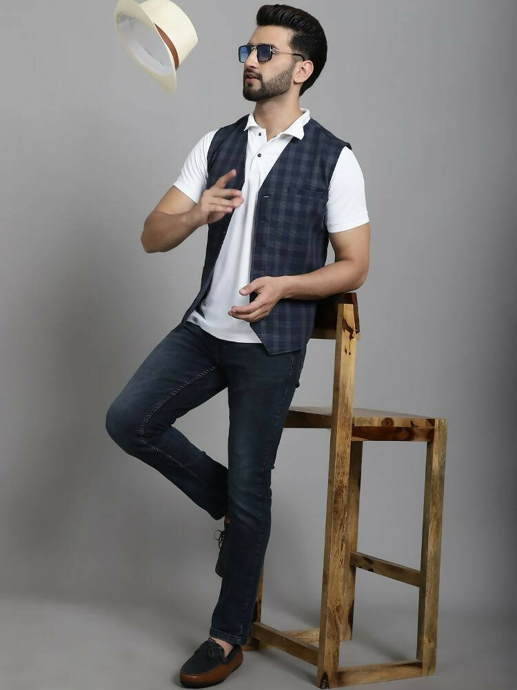 Even Apparels Checked Waistcoat With Welt Pockets - Navy Blue - Distacart