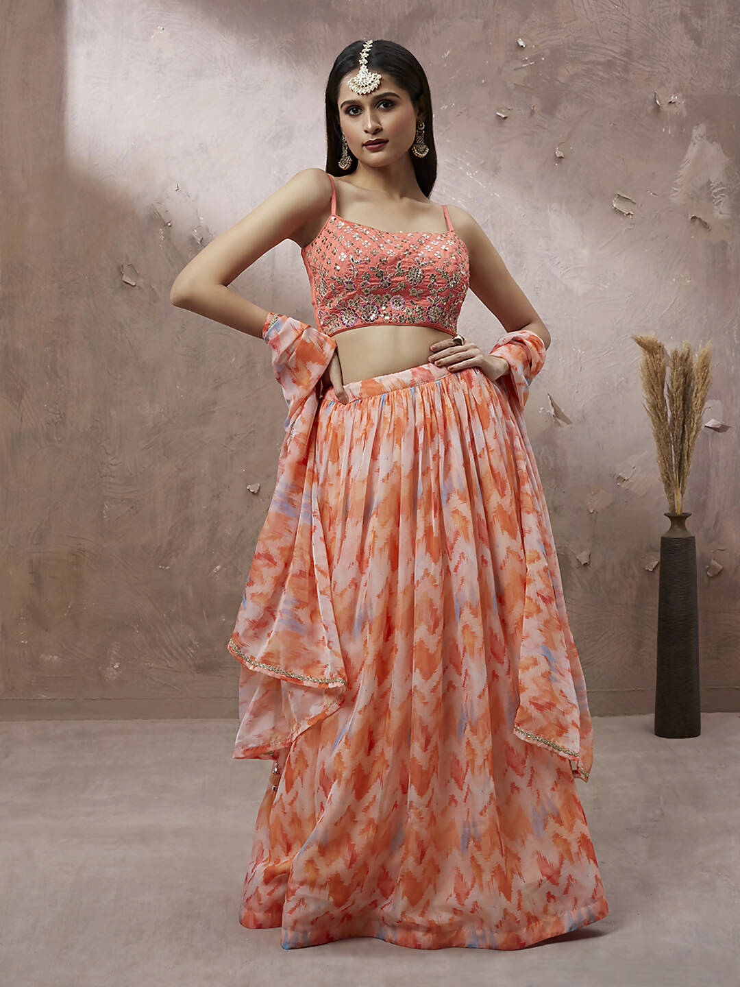 House of Panchhi Peach Organza Floral Printed Lehenga choli & Dupatta - Distacart
