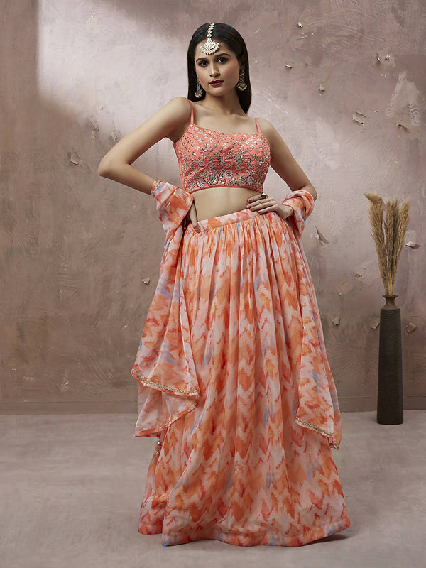 House of Panchhi Peach Organza Floral Printed Lehenga choli & Dupatta - Distacart
