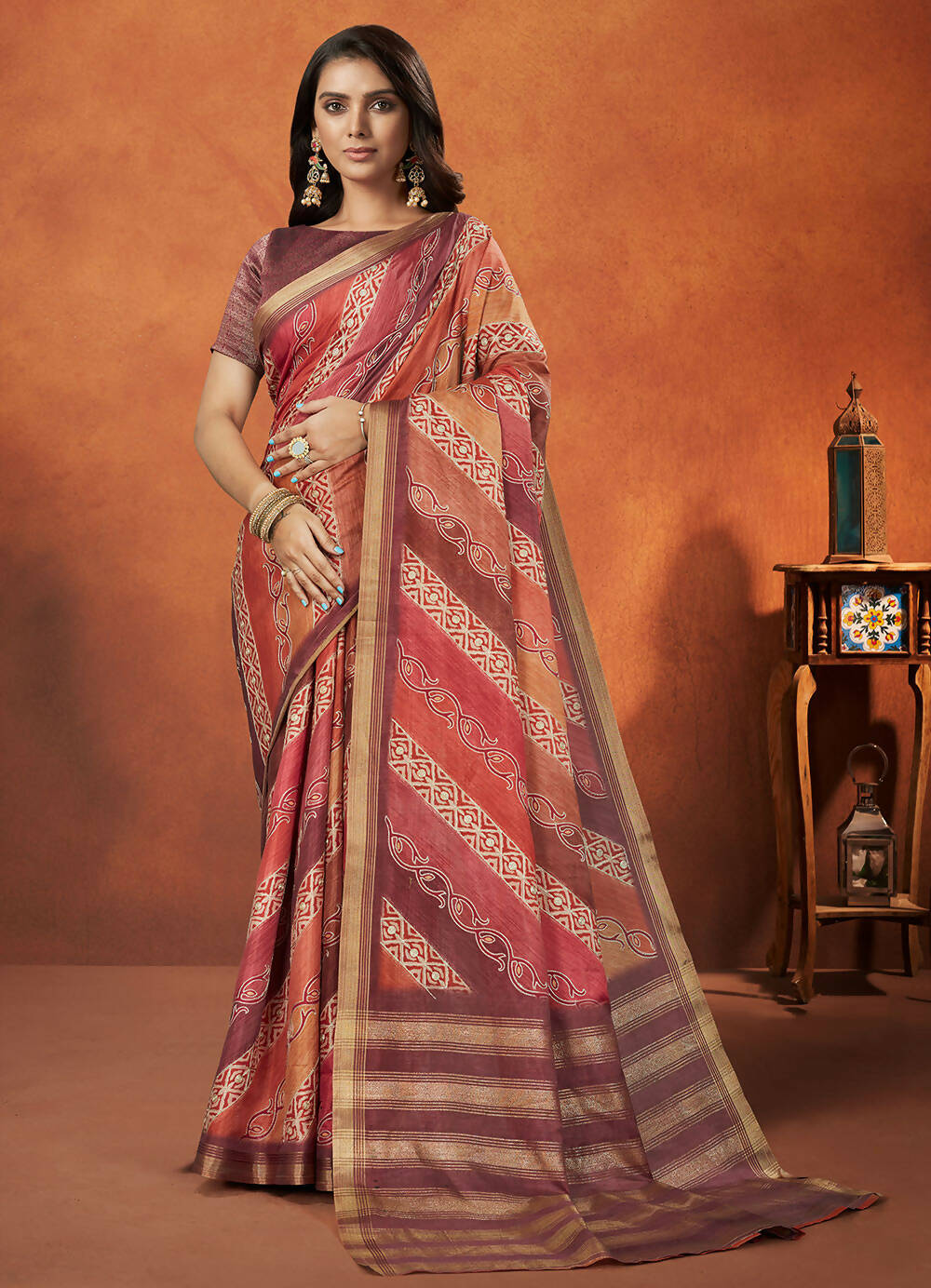 Mauve Rangkat and Crepe Silk Aztec Saree With Unstitched Blouse Piece - Mohmanthan Royal Saachi - Distacart