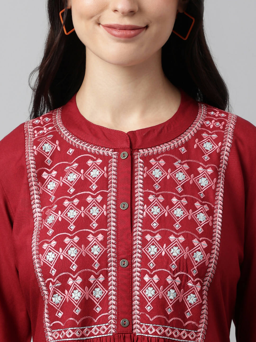 Red Rayon Yoke Embroidered A-line Top - Tarini - Distacart
