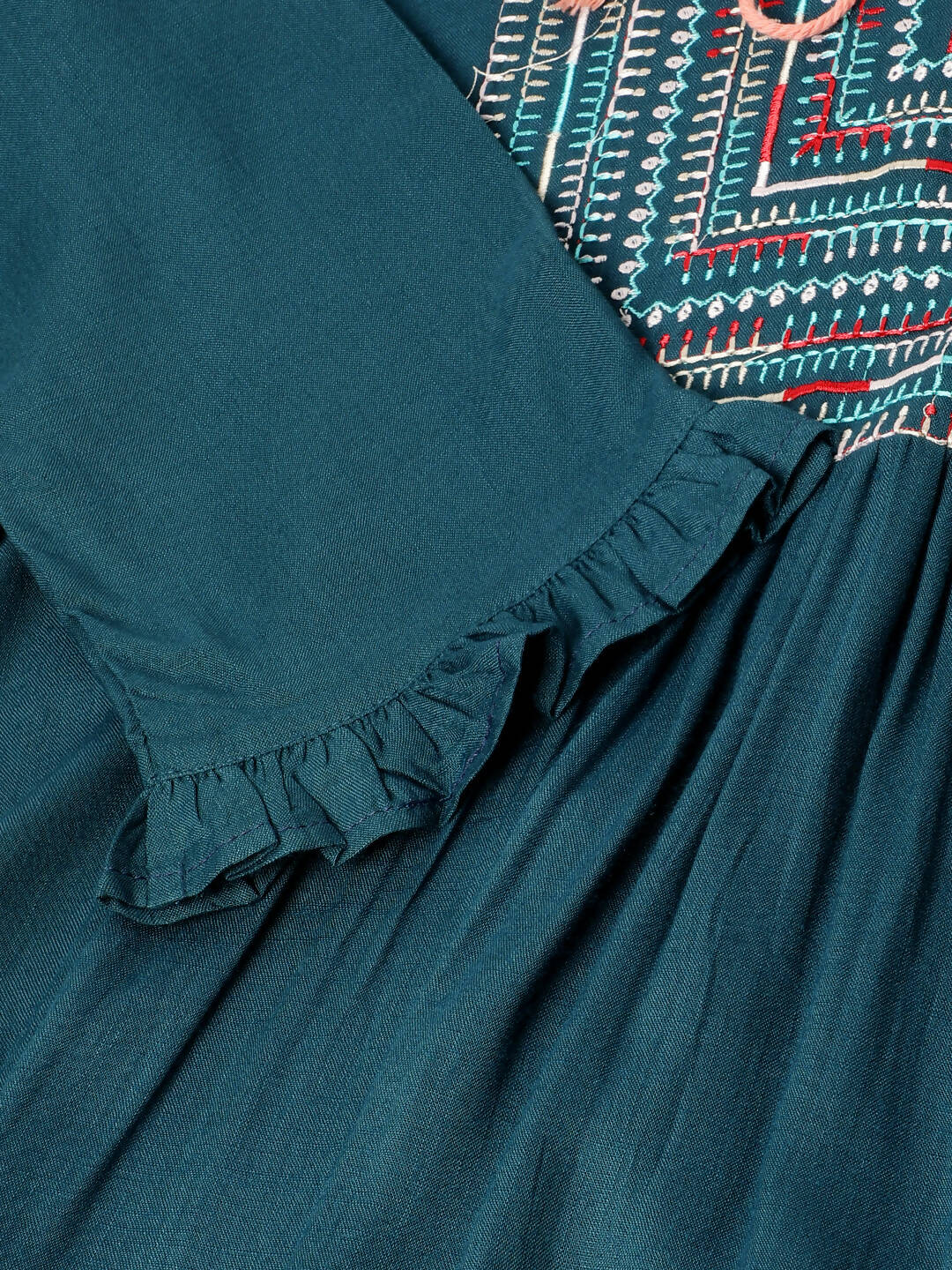 Teal Rayon Yoke Embroidered A-line Top - Tarini - Distacart