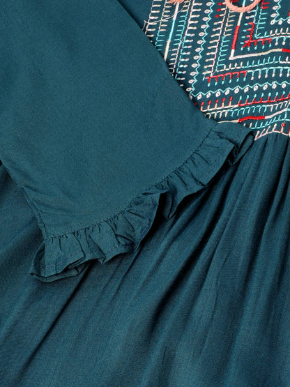 Teal Rayon Yoke Embroidered A-line Top - Tarini - Distacart