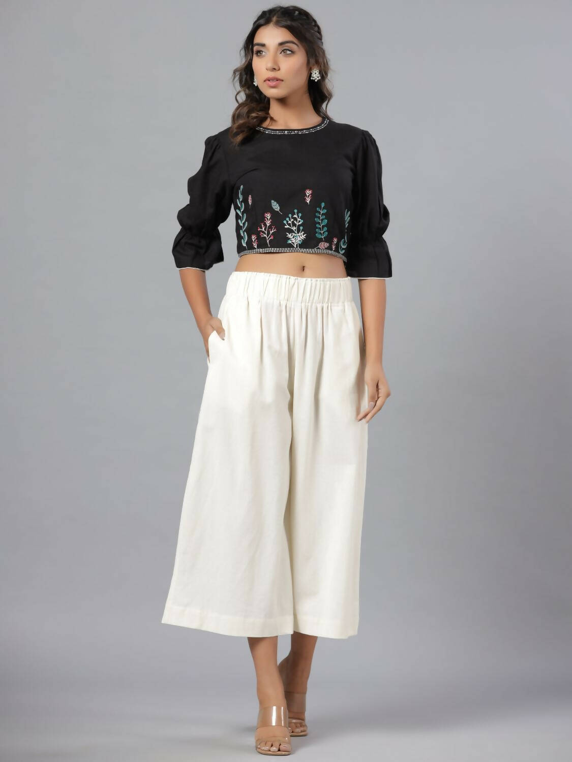 Juniper Women Black Rayon Flex Embroidered Crop Top - Distacart