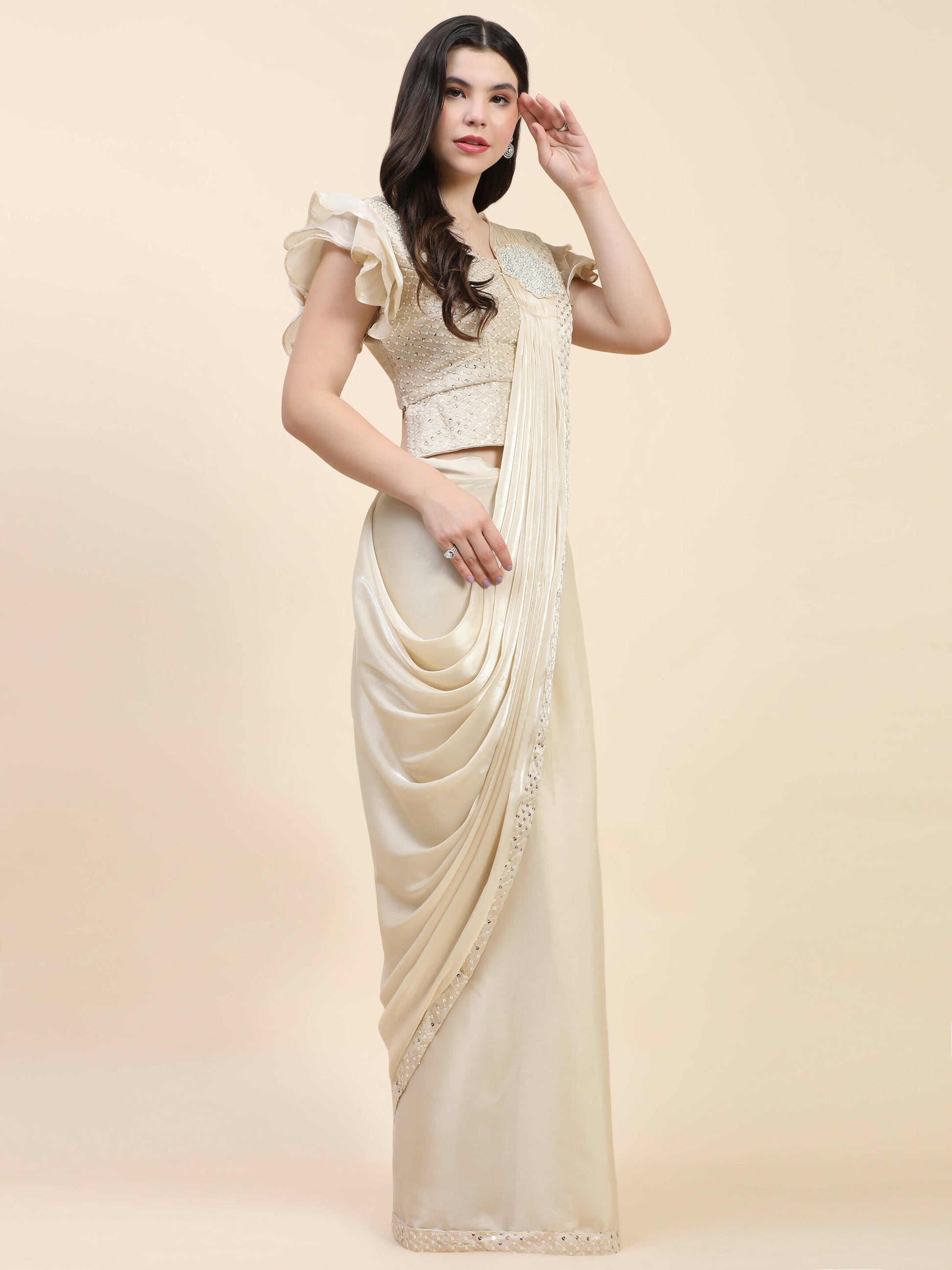 Beige Silk Satin Sequence Work Ready to Wear Saree with stitched Blouse - Nirvana - Distacart