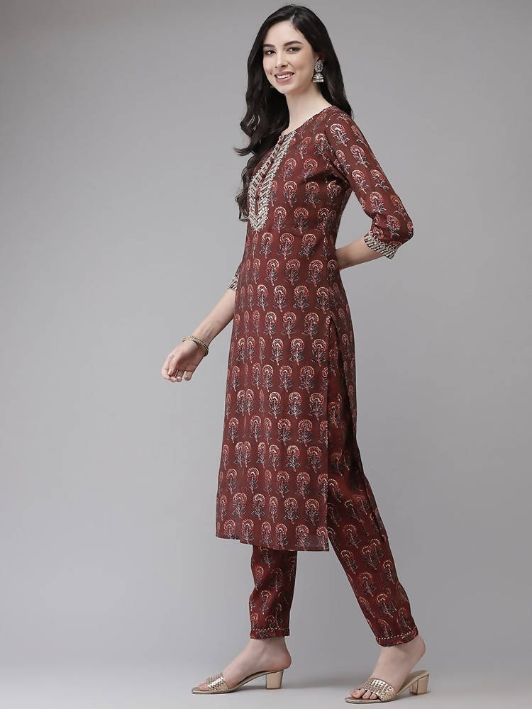 Yufta Women Maroon Floral Printed Regular Kurta with Palazzo & With Dupatta