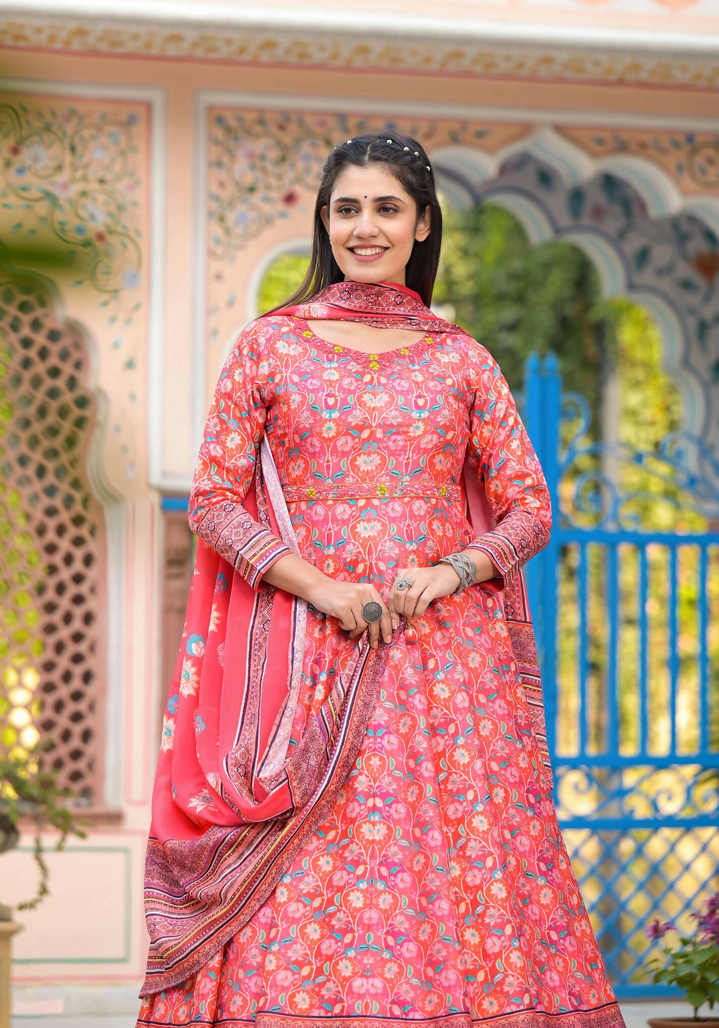 Functional Designer Red-Orange Dola Silk Anarkali suit with Dupatta - Ramya - Distacart