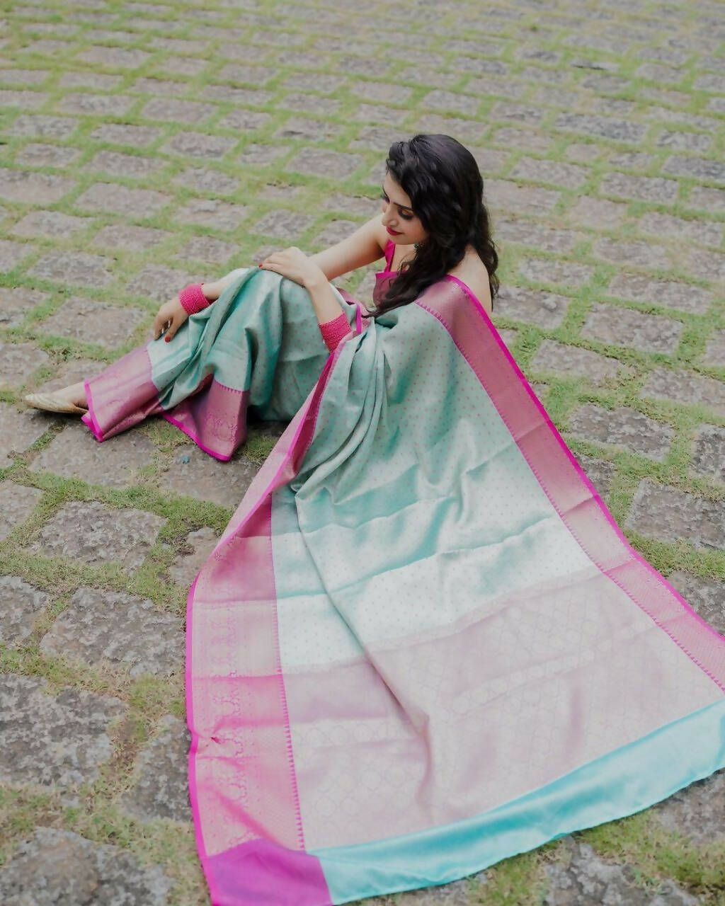 DEIANA'S Beautiful Golden Jari with New Design Soft Lichi Silk Saree - Sky - Distacart