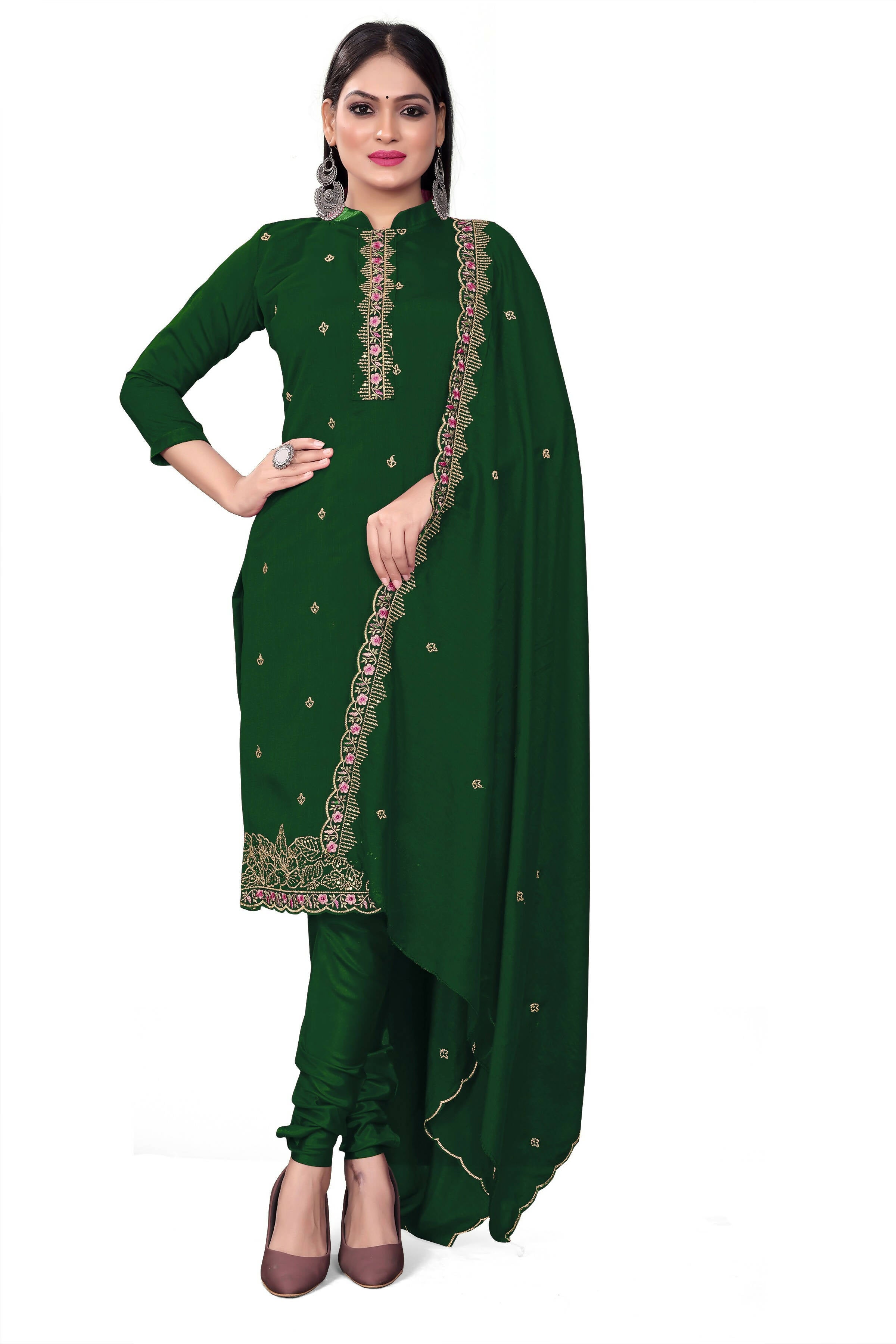Green Silk Embroidered with Sequins work Unstitched Dress Material - Tanvi - Distacart