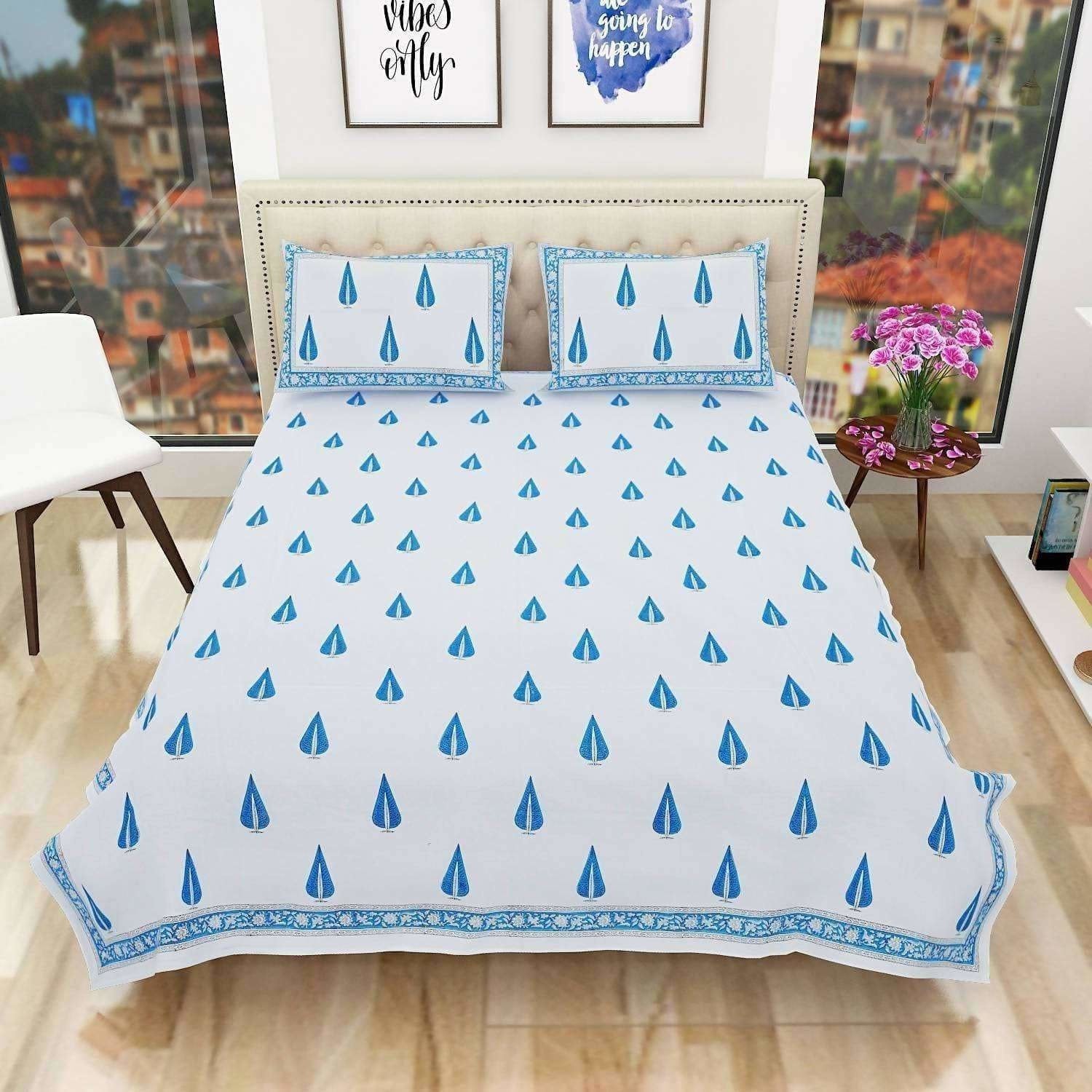 Hand Block Printed Double 230x270 Cms Jaipuri Bedspread with 2 Pillow Covers - Distacart