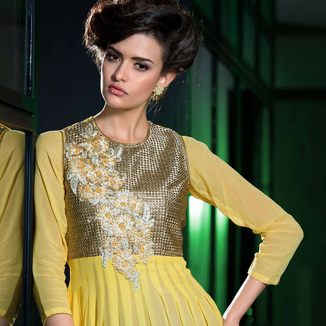 Yellow Georgette Floral Embroidered A-line Kurti - Missy - Distacart
