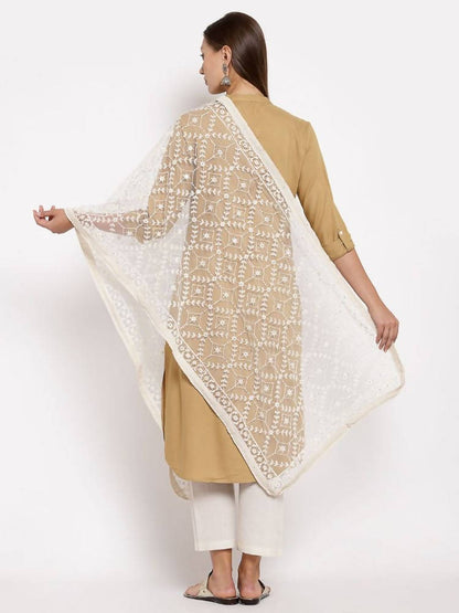 Myshka Women's White Net Solid Casual Dupatta