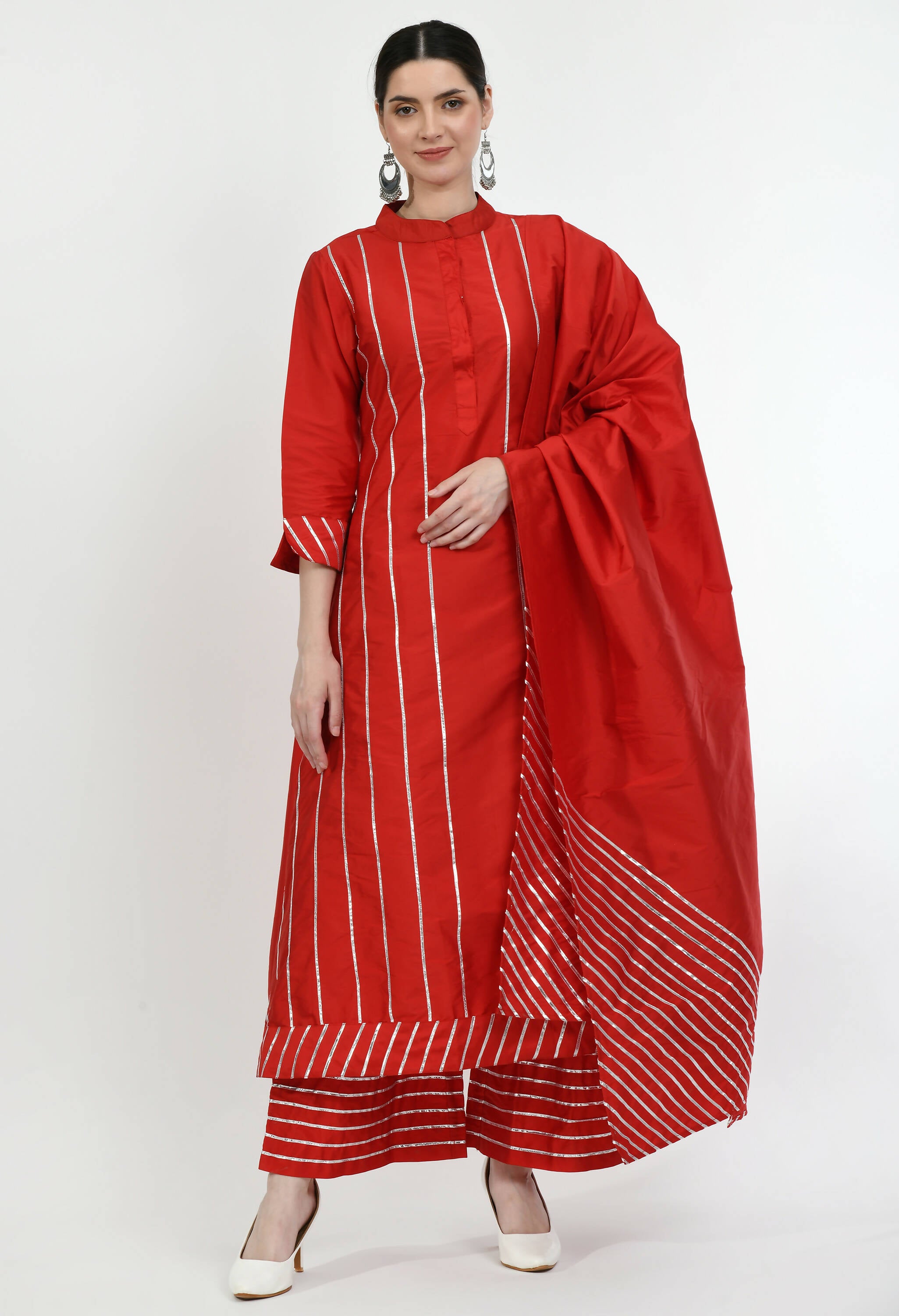 Women's Red Polysilk Suit With Siver Gota Work Enhanced With Gota Work On Dupatta - G & A Apparels - Distacart