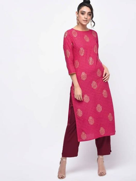 Aniyah Cotton Block Printed Pink Color Straight Kurta (AN-136K)