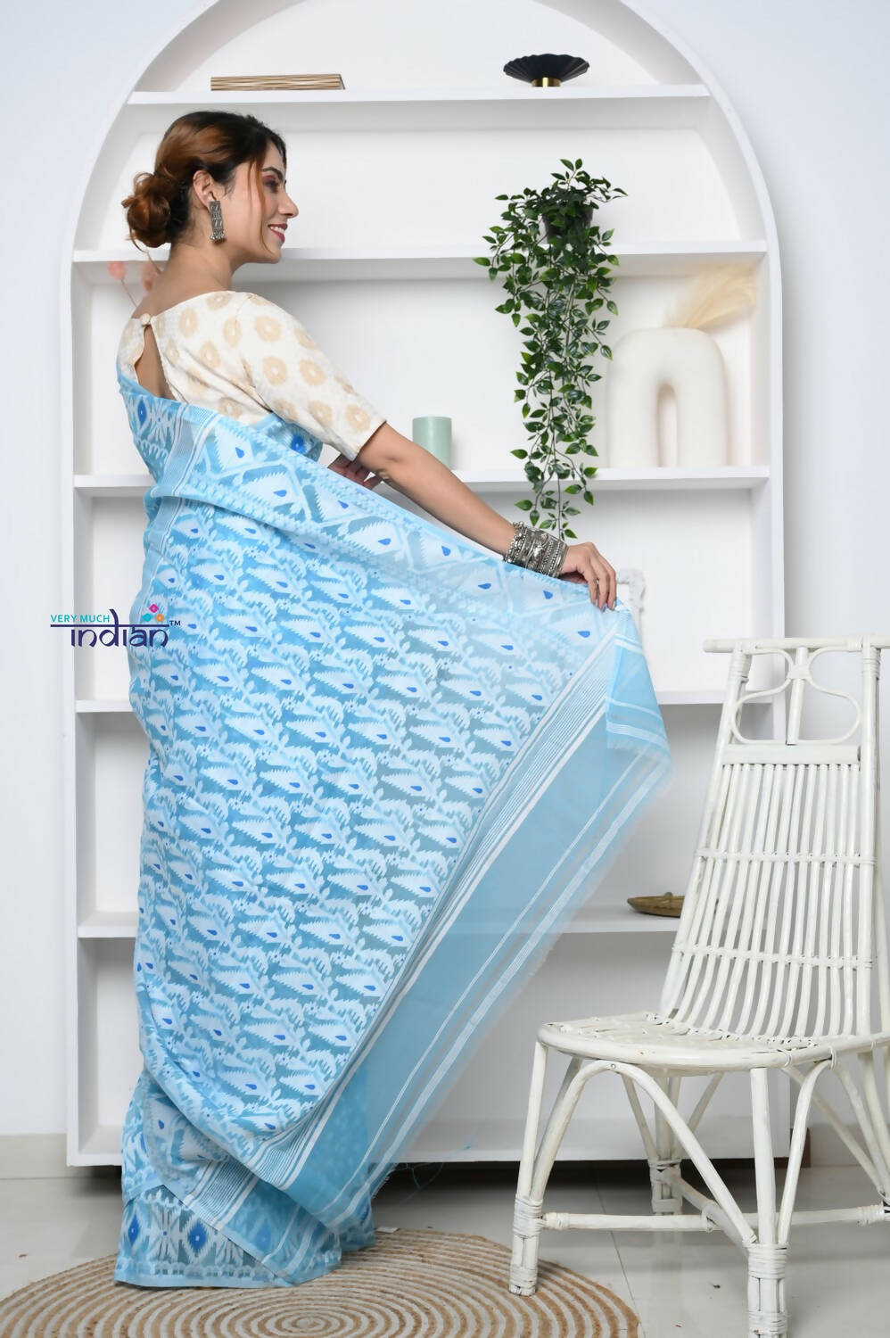 Very Much Indian Jamdhani Cotton Saree - Powder Blue - Distacart