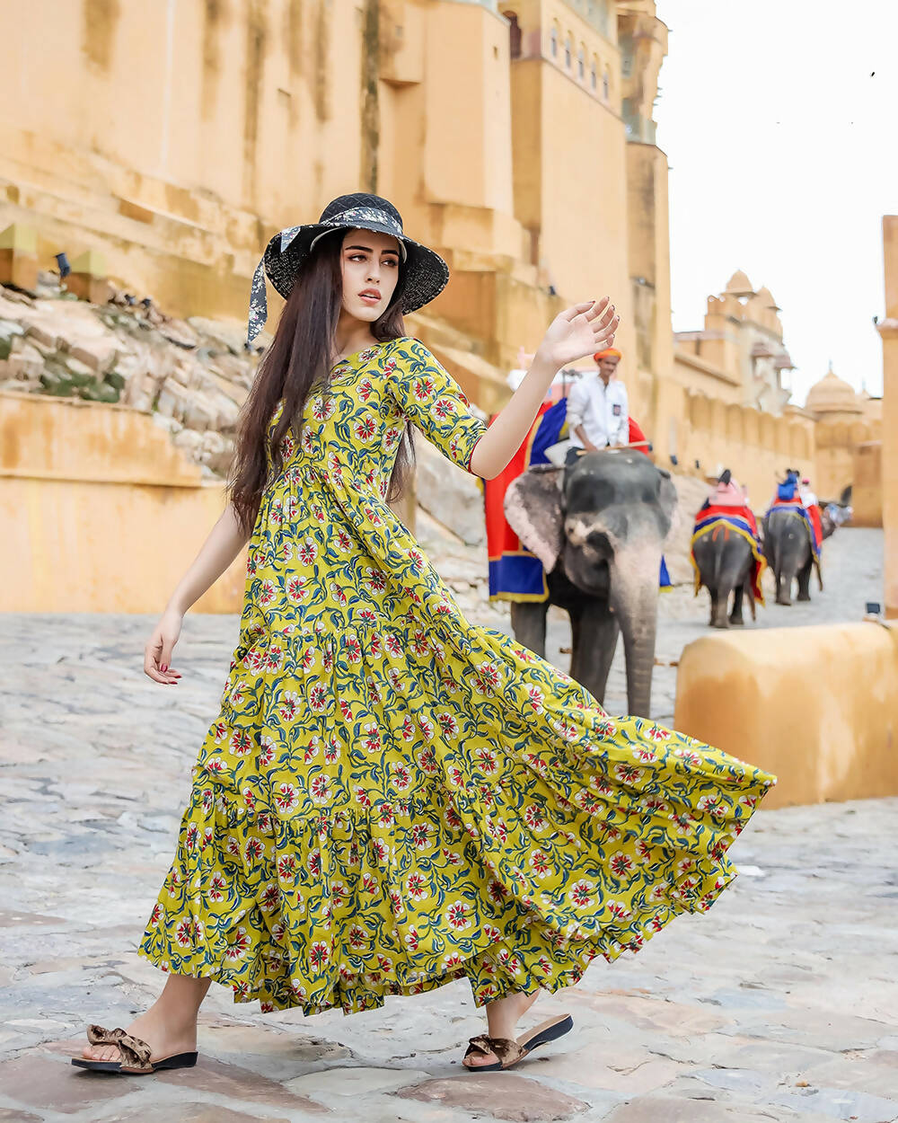 Designer Partywear Printed Yellow Pure Maslin Gown - Anbazaar - Distacart