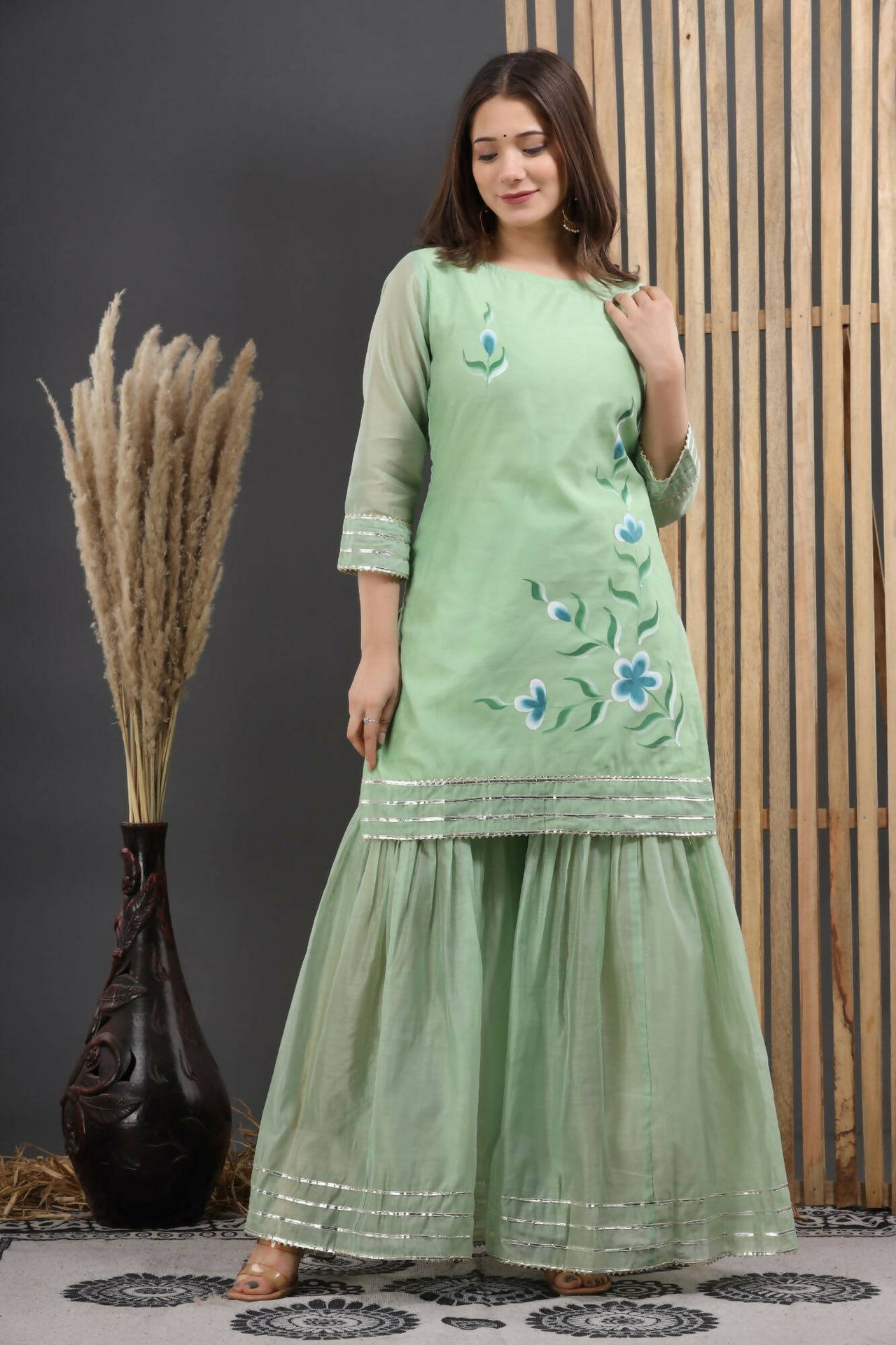 Women's Olive Hand Paint Sharara Set - Isya - Distacart