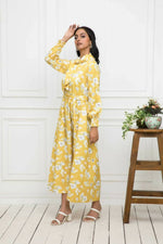 Thumbnail for Myshka Women Yellow-Floral Rayon A-Line Shirt Collar Dress - Distacart