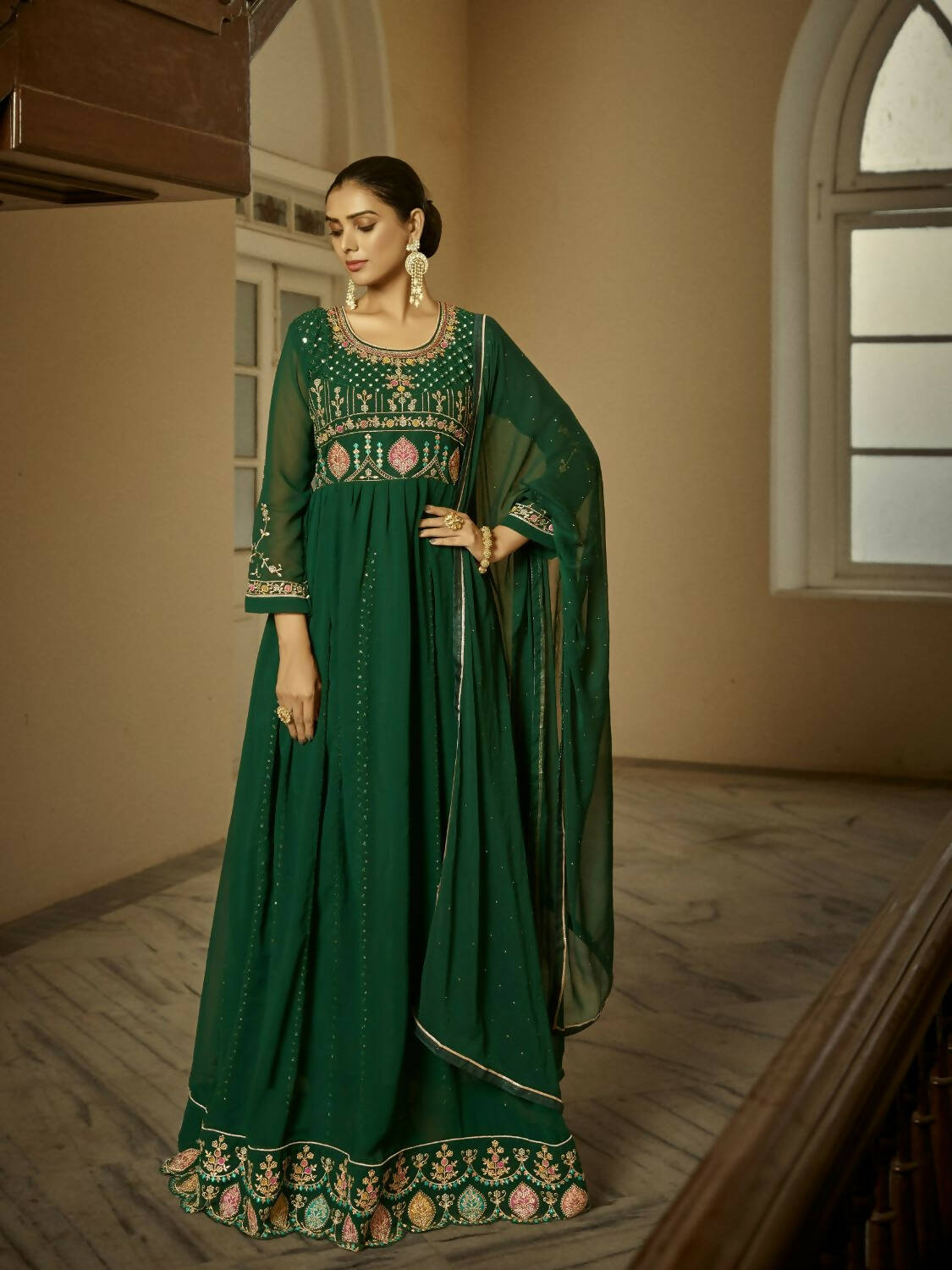 Green Heavy Faux Georgette Anarkali Embroidered Kurta Set - Dhvani - Distacart
