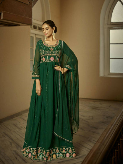 Green Heavy Faux Georgette Anarkali Embroidered Kurta Set - Dhvani - Distacart