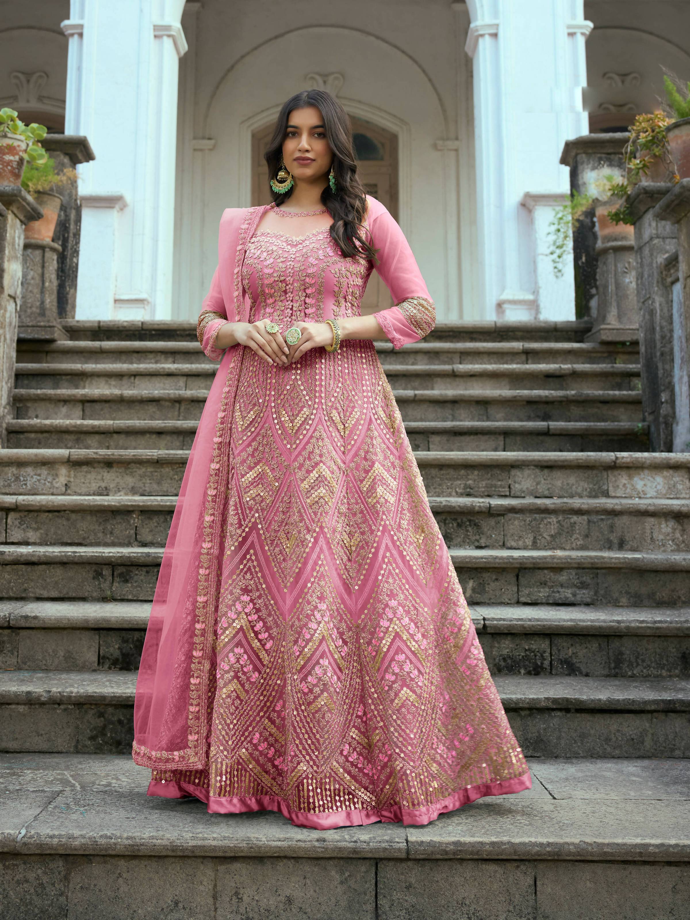 Pink Butterfly Net Anarkali Embroidered Kurta Set - Aadishri - Distacart