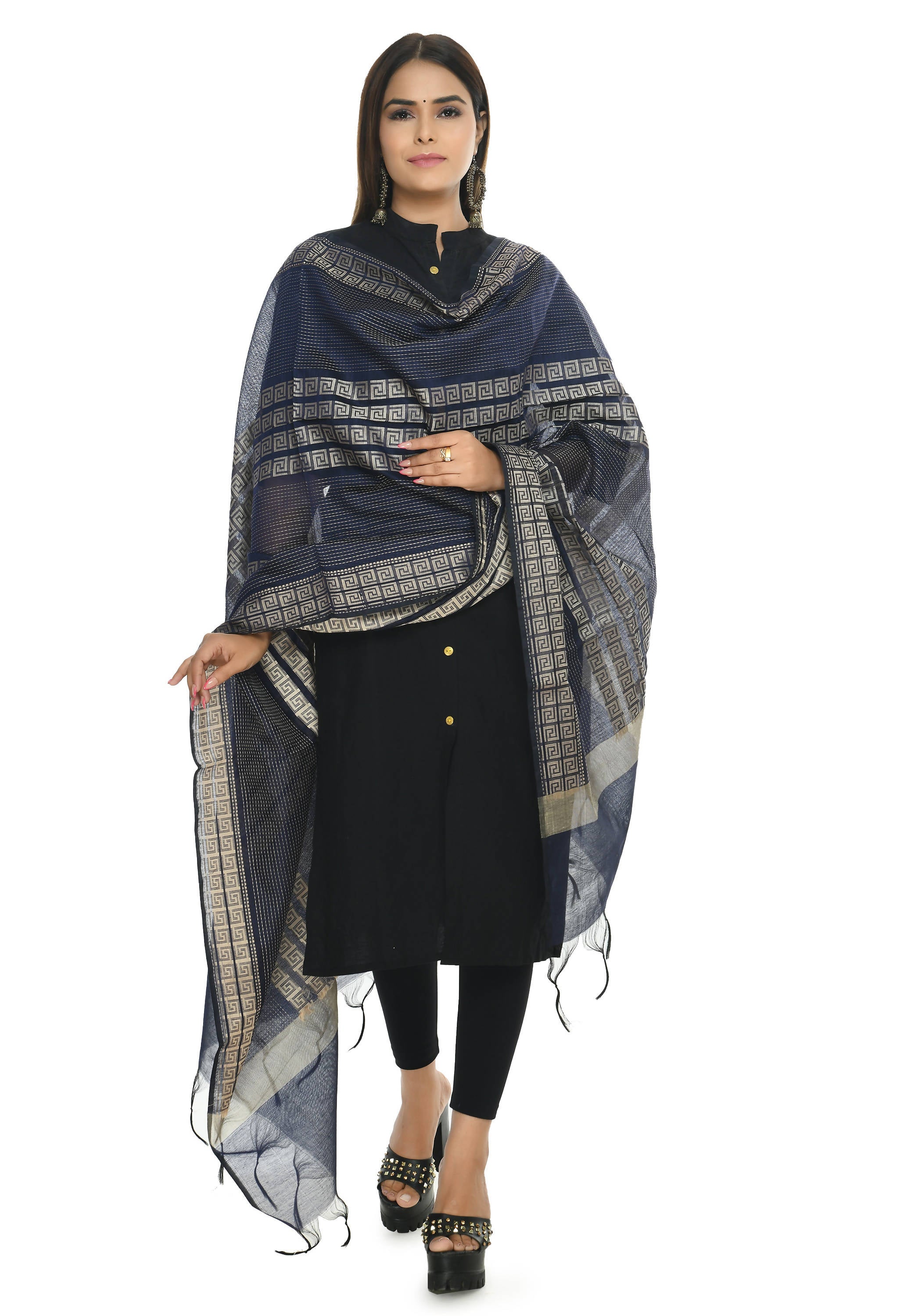 Mominos Fashion Moeza Handloom Cotton Navy Blue Dupatta - Distacart