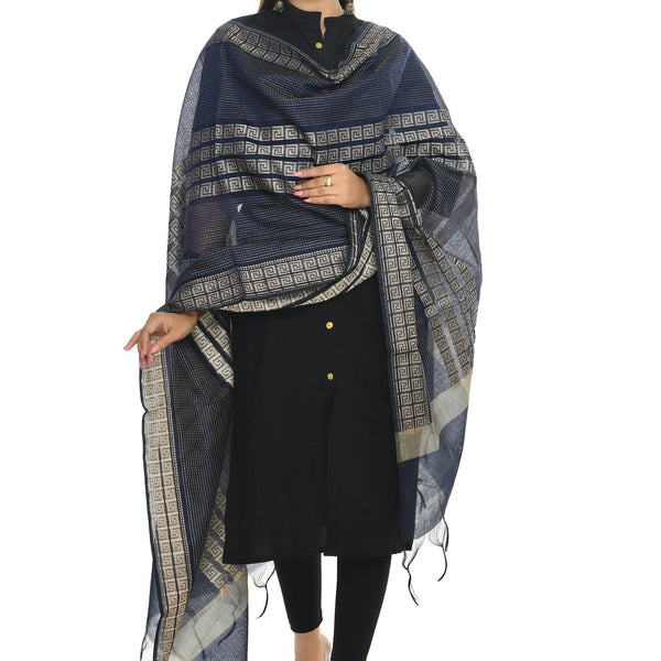 Mominos Fashion Moeza Handloom Cotton Navy Blue Dupatta - Distacart
