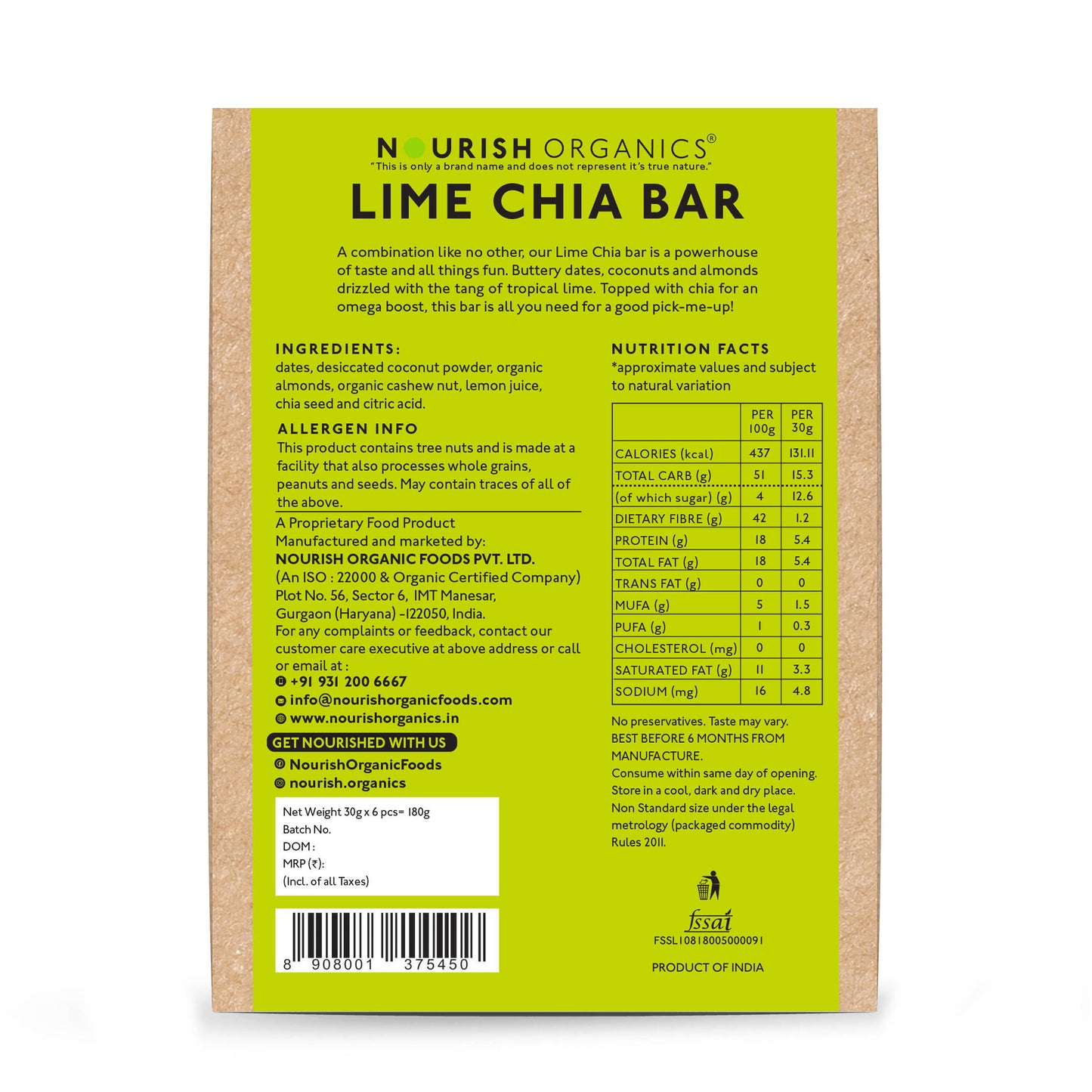 Nourish Organics Lime Chia Bar - Distacart