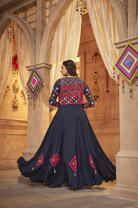 Thumbnail for Navy Blue Viscose Rayon Thread Embroidered Work With Mirror All Over Navratri Lehenga Choli With Dupatta - Raas - Distacart