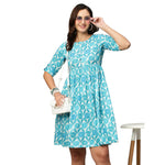 Thumbnail for Blue & White Ethnic Motifs Printed Cotton A-Line Dress - Poonam - Distacart