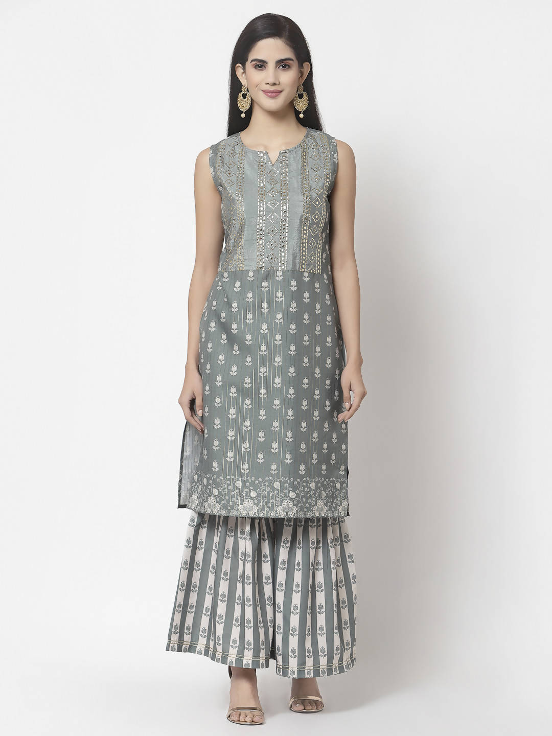 Myshka Women Grey Cotton Blend Printed Sleeveless Round Neck Kurta With Sharara & Dupatta Set