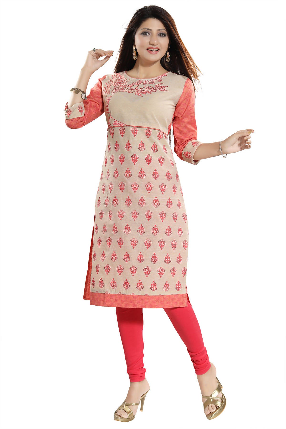 Snehal Creations Flamboyant Tomato And Beige Cotton Printed Tunic - Distacart