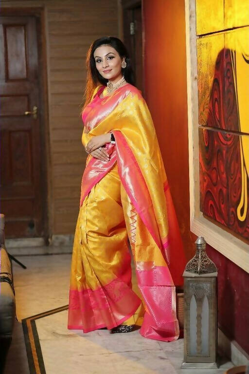DEIANA'S Beautiful Golden Jari with New Design Soft Lichi Silk Saree - Yellow - Distacart