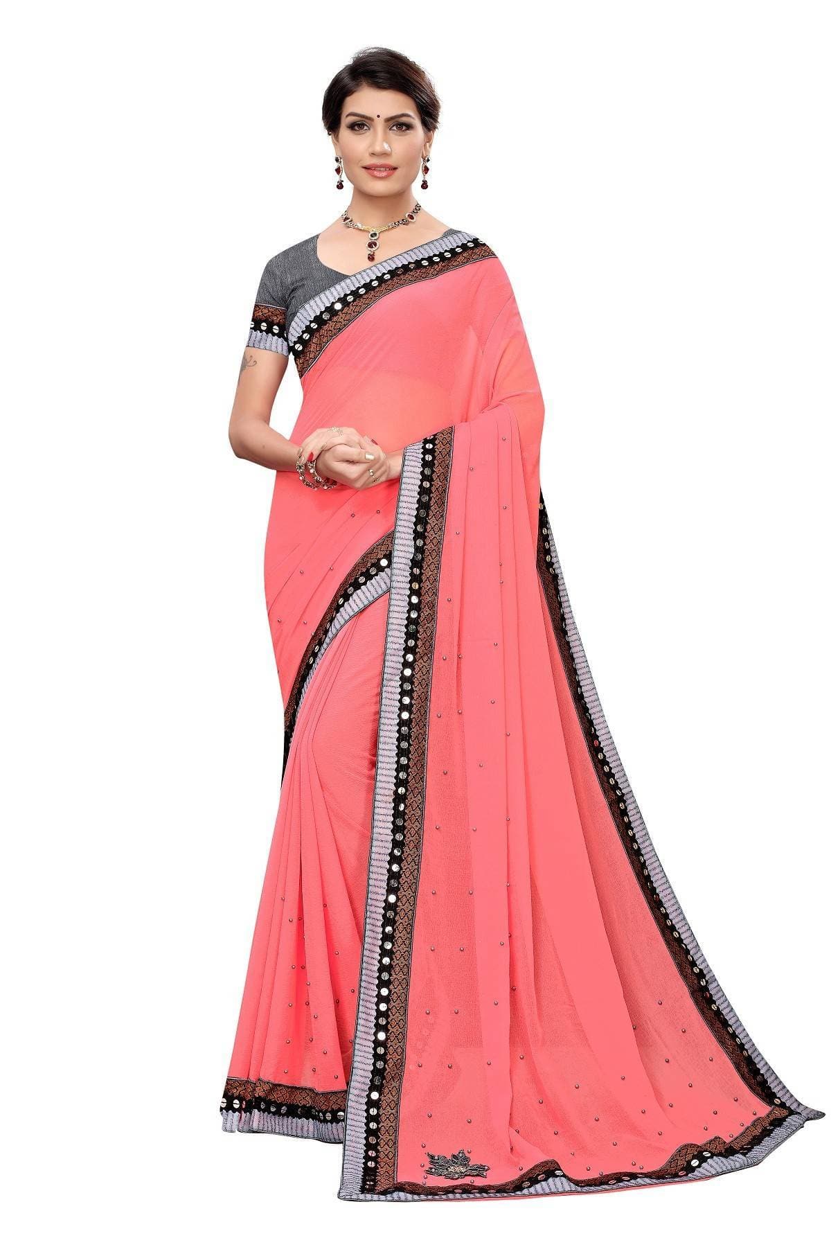 Vamika Peach Chiffon Mirror Work Saree