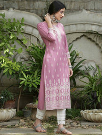 Thumbnail for Cheera Embellished Daily Wear Cotton Blend Kurta - Baby Pink - Distacart