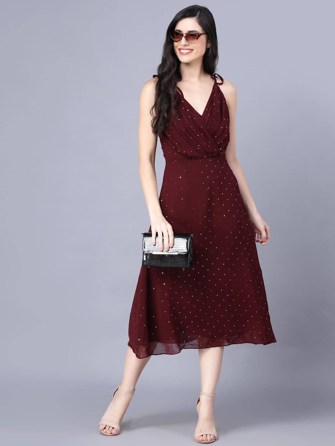Myshka Georgette Solid Sleeveless Shoulder Straps Maroon Women Dress - Distacart