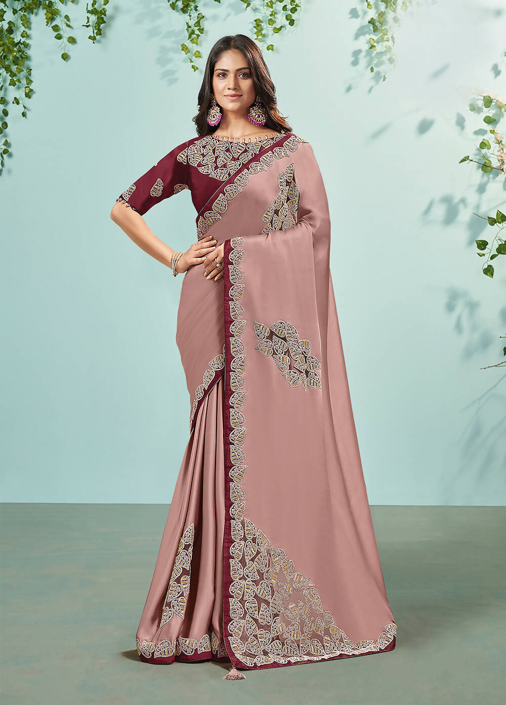 Rose Pink Silk Satin Embroidered Saree With Unstitched Blouse Piece - Norita Ikshita - Distacart