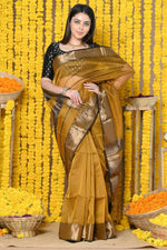 Thumbnail for Very Much Indian Rajsi - Handloom Ari Checks Cotton Silk Saree With Golden Border - Yellow - Distacart